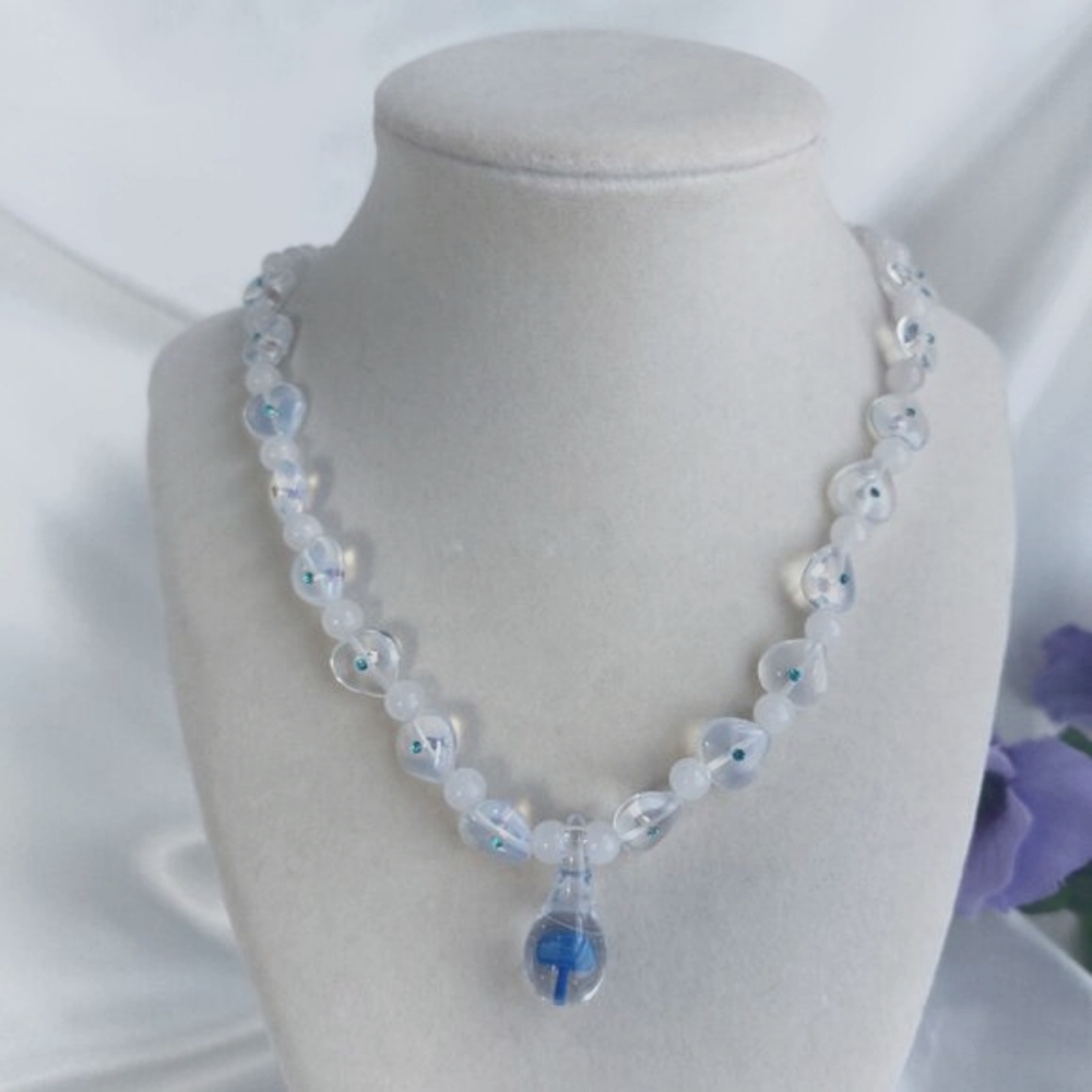 Glass Mushroom Pendant Necklace Moonstone Heart Beads 17 Inch Unique Artisan EUC